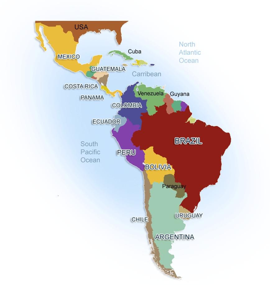 mapa do México e américa do sul
