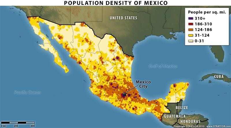 mapa de distribuição da população do México