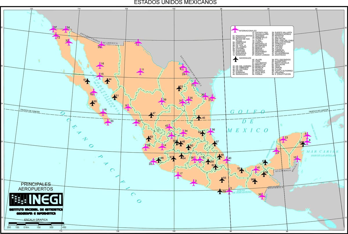 mapa do México aeroportos