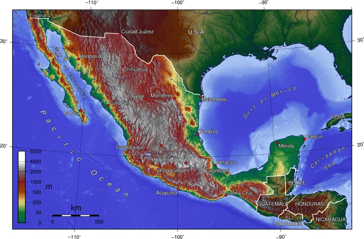 mapa do México altitude