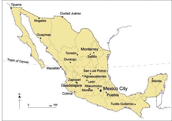 mapa das principais cidades do México