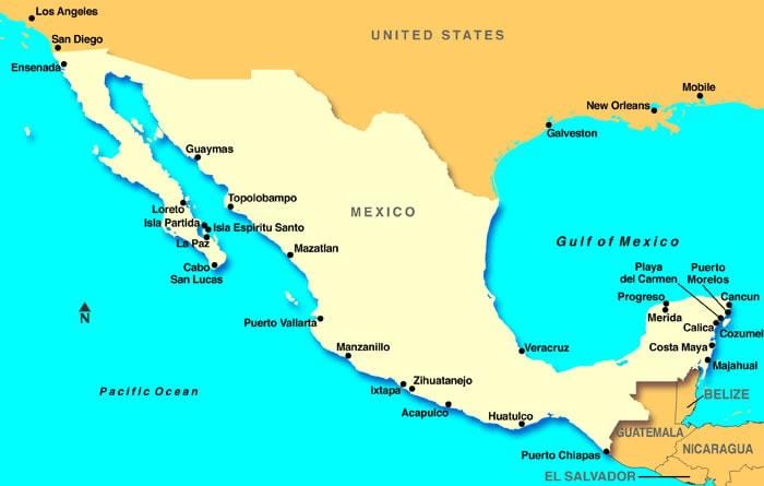 mapa do México portos de cruzeiro