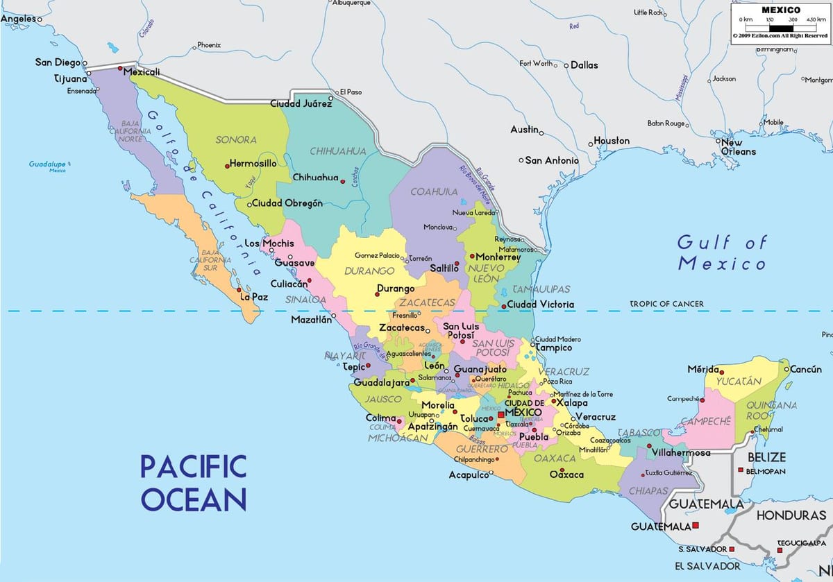 mapa do México com os estados e cidades