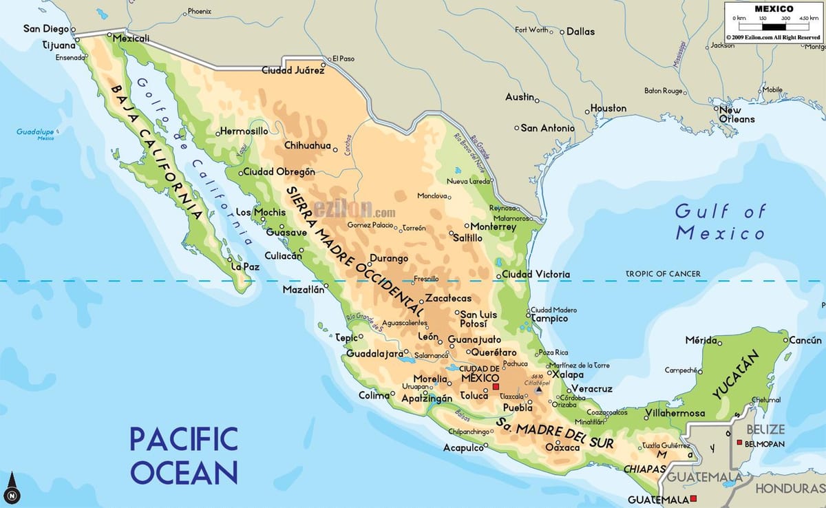 um mapa físico do México