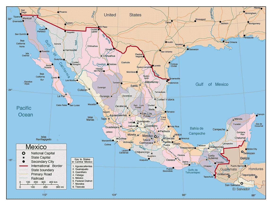 México mapa com cidades principais