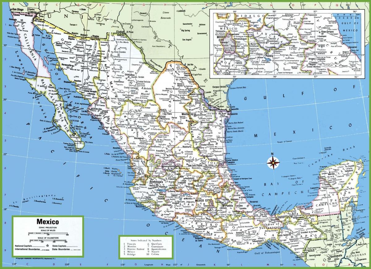 mapa do México, com cidades e vilas