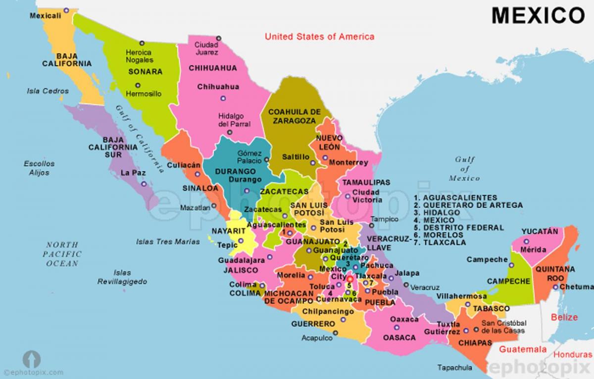 México mapa com os estados e capitais