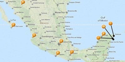 Mapa de pontos de férias no México